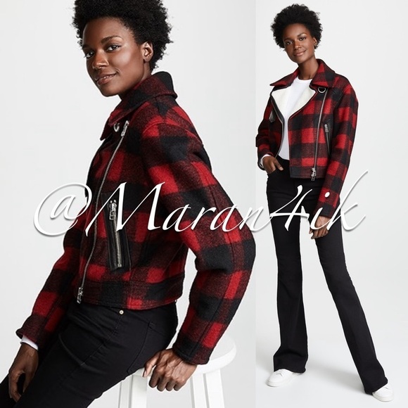 Veronica Beard Benni Faux Shearling Lined Buffalo Check Moto Jacket Red Size XS
